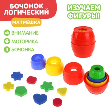 картинка Матрёшка Бочонок логический: 4 матрёшки-бочонка и геом. фигуры, цвета МИКС учколлектор чебоксары